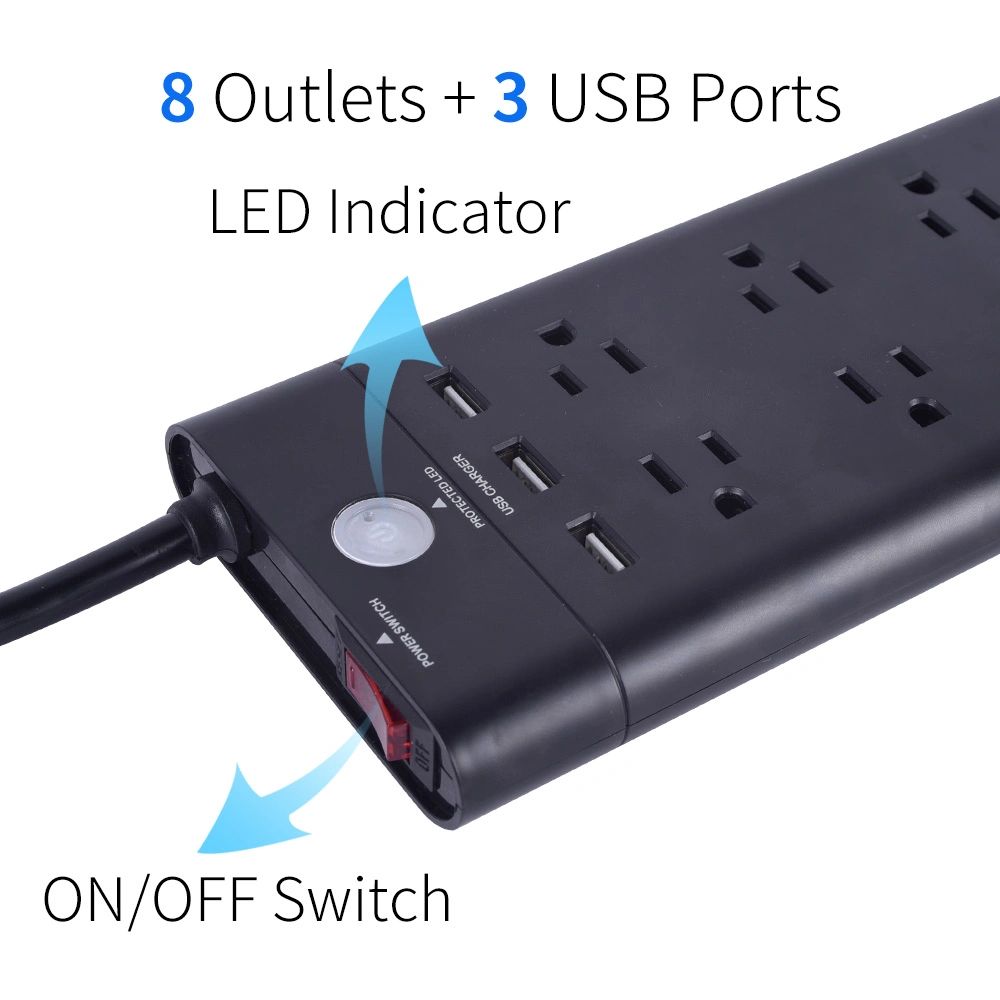 USA 8 AC Outlets 3 USB Ports Switch Electrical Socket Board Power Surge Protector